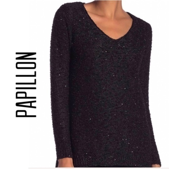 Papillon Sweaters - NEW Papillon Sweater Black Knit Sequins Sparkly High Low Women’s Sweaters Size M